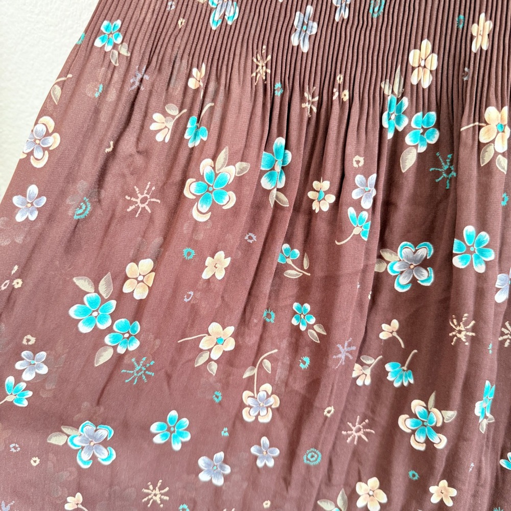Brown Floral Micro Pleated Tiered Midi Skirt Turquoise Flowers Lettuce Hem - Picture 3 of 7